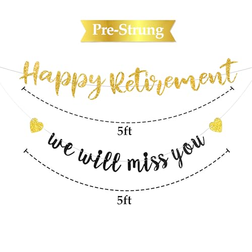 Pre-strung Happy Retirement & We will miss you Banner, Pre-strung on 8 ft Strand Black Gold Glitter Retirement Party Decor...