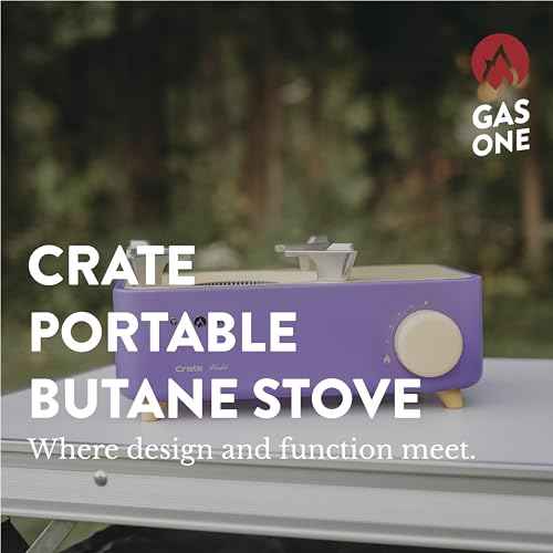 Gas One Butane Fuel Camp Stove ? Crate Series - Mini Stove for Camping, Hiking ? Portable Gas Stove with Spiral Flame ? Even Heat Distribution ? Modern and Easy to Use (Violet)