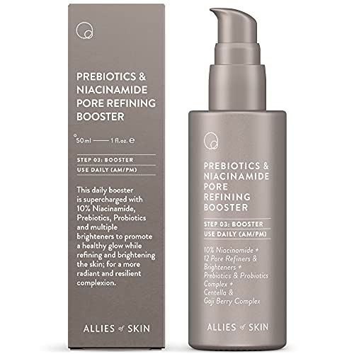 Allies of Skin Prebiotics & Niacinamide Pore Refining Booster | Minimize the Appearance of Pores with Goji Berry & Probiotics Complex | Calm Redness and Treat Blemish Prone, Dull Skin | 1.7 fl oz