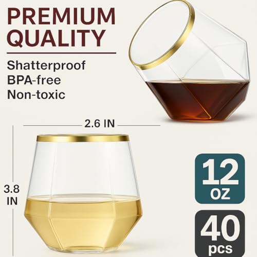 Oojami 40 count Diamond Unbreakable Stemless Plastic Wine Champagne Whiskey Glasses Elegant Durable Disposable Indoor Outd...