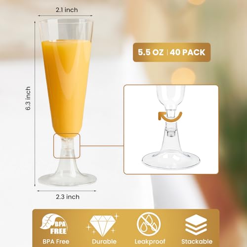 Soelomu 40 Pack Plastic Champagne Flutes, 5.5 OZ Disposable Wine Glasses Clear Mimosa Champagne Flutes for Party, Wedding,...