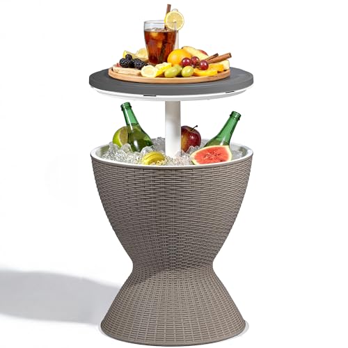 ROJIK 3-in-1 Resin Ice Bucket & Beverage Cooler – Wood Look Patio Table, UV Protection & Drain Plug for Outdoor Parties, B...