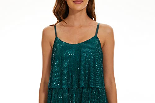 FANSI NOVA Women's Glitter Sequin Dress Adjustable Spaghetti Strap V Neck Fashion Sparkle Layered Evening Party Dress