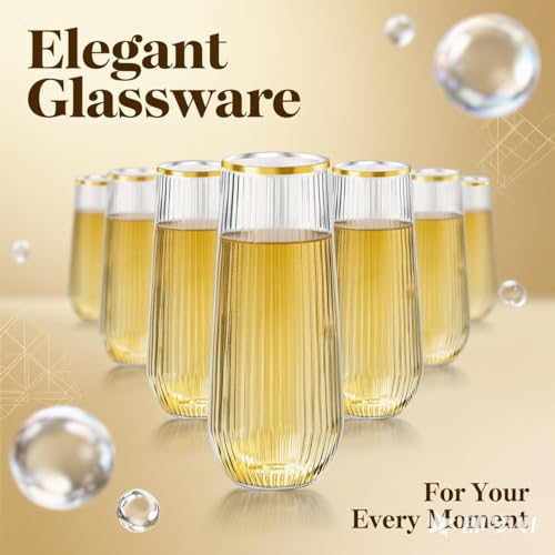 Lueumxc 48 Pack Plastic Ribbed Champagne Flutes, 9 Oz Stemless Disposable Gold Rim Clear Plastic Toasting Glasses Shatterp...