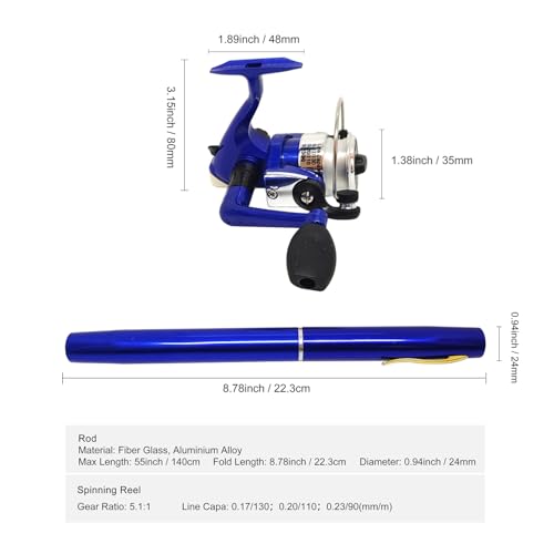 Portable Small Pen Fishing Rod Spinning Reel Combos, 38" 55" Compact Telescopic Fish Pole Kits for All Season Fishing in R...