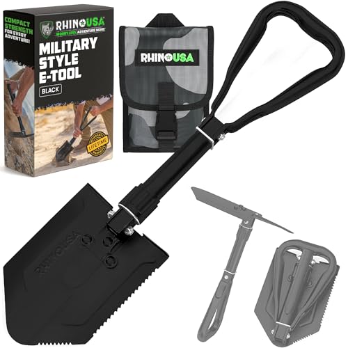 RHINO USA Folding Survival Shovel w/Pick - Heavy Duty Carbon Steel Military Style Entrenching Tool for Off Road, Camping, ...