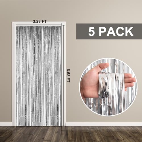 5 Pack Foil Curtain Backdrop Silver Metallic Tinsel Foil Fringe Curtains Photo Booth Props for Birthday Wedding Engagement...