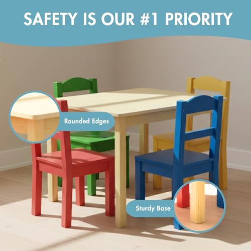 Humble Crew Kids Wooden Table and 4 Chairs Set, Natural/Primary - Kids Table and Chair Set for Toddlers and Children for A...
