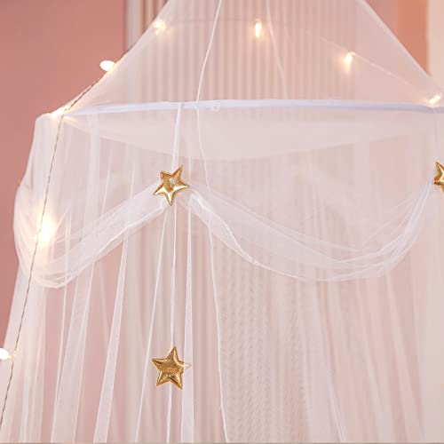 Nattey Bed Canopy with Lights for Girls,Gold Star Princess Crib Canopy Curtains,Extra Large Dome Mosquito Net Reading Nook...