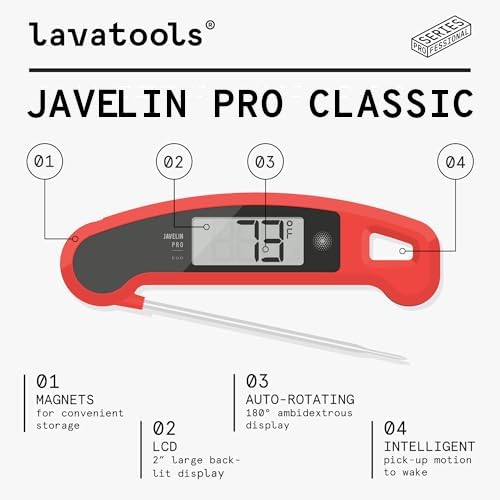 Lavatools Javelin® PRO Duo Ultra-Fast 2-Second Professional Digital Instant Read Meat Thermometer for Grill and Cooking, Auto-Rotating Backlit Display, IP65 Water Resistant, NSF Certified – Tangerine