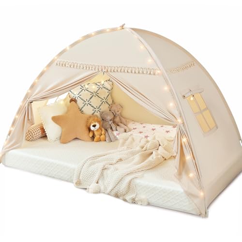 Toddler bed Tent Canopy: Lights & Flags Indoor Floor Twin Bed Kids Tent Play Tent - Twin Bed Curtains - Girls&Boys Play Ho...