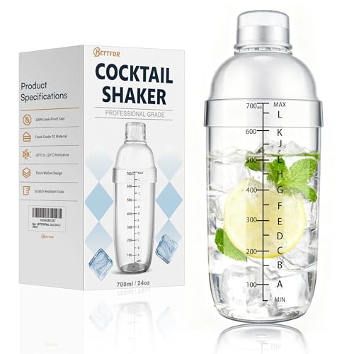 BETTFOR Plastic Cocktail Shaker with Measuring Scale 24oz (700ml), Leak-Proof & Shatter-Resistant Drink Mixer for Bartendi...