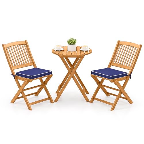Tangkula 3 Pieces Acacia Wood Patio Folding Bistro Set, Outdoor Table and Chairs Set with Soft Cushions, Patio Furniture S...