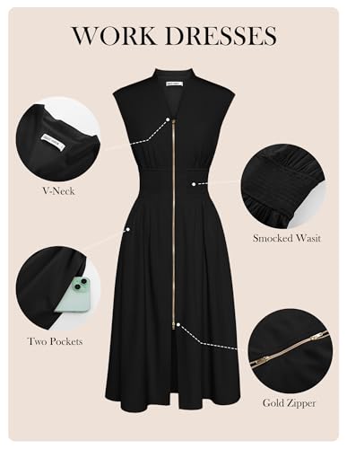 GRACE KARIN Womens Summer Casual Dress, Business Office Work Dresses, Cap Sleeve Zipper Front Flowy Midi Dress with Pockets