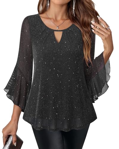 VALOLIA Womens Sparkly Tops Dressy Ruffle 3/4 Sleeve Blouses Glitter Cocktail Party Evening Shirts