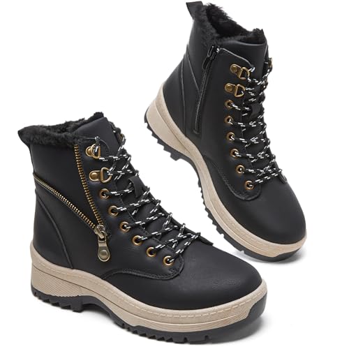 Adokoo Boots for Women Waterproof Fall Winter Ankle Boots Snow Platform Black Boots with Side Zipper Lace Up Non Slip for ...