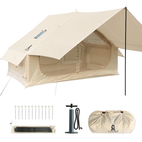 4 Person Inflatable Tent with Stove Jack & Canopy, 4 Season Glamping Air Tent with Panoramic Skylight, AC & Power Port, Wa...