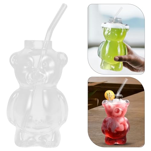 LUOZZY Bear Shaped Glass Cup with Straw Adorable Bear Cocktail Glass Transparent Beverage Drinking Glass Cup for Home Bar ...