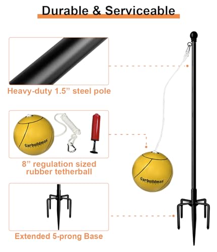Garbuildman Tetherball Set with Ball & Rope for Outdoor Backyard, Adjustable Tether Ball Pole with Reinforced 5-Prong Base...