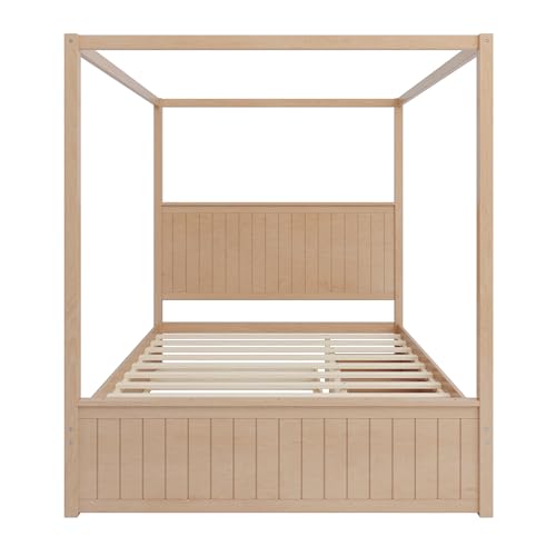 VilroCaz Modern Queen Size Canopy Platform Bed with Trundle and 3 Storage Drawers, 4-Poster Solid Wood Bed Frame with Chan...