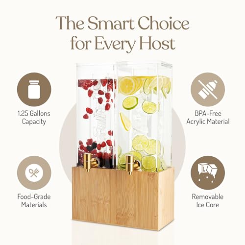 1.25 Gallon Dual Acrylic Beverage Dispenser with Bamboo Stand – Iced Drink Dispenser with Stainless Steel Spigot & Built-i...