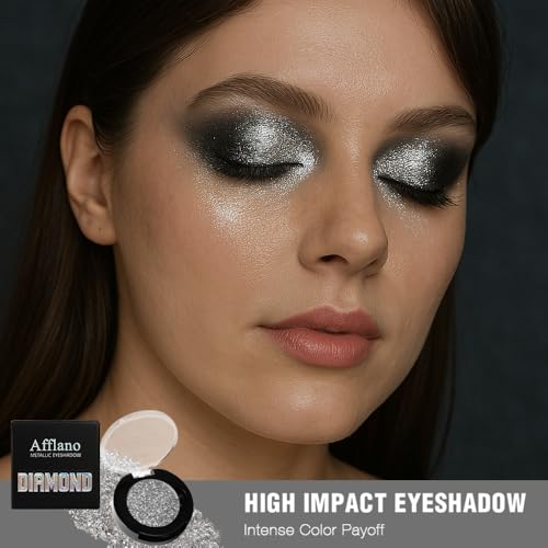 Afflano Silver Glitter Eyeshadow Super Pigmented, Intense Color Gray Silver Eyeshadow Palette Single, Long Lasting Sparkle...