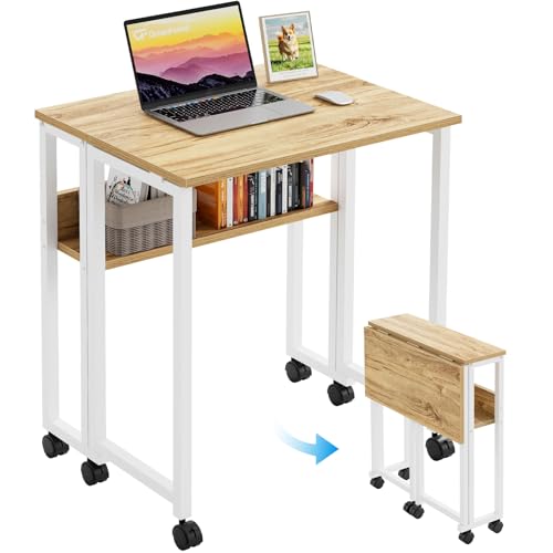 GreenForest Folding Desk Small Rolling Desk with Storage Shelf,24.8 inch Foldable Computer Desk with Wheels for Small Spac...
