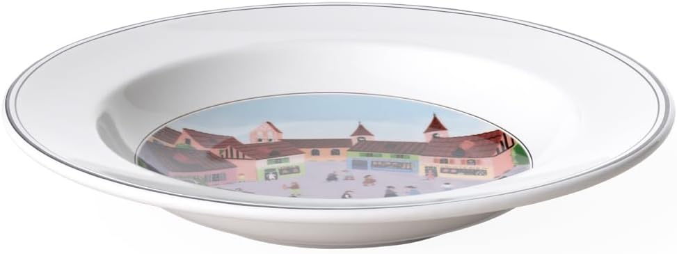 Villeroy & Boch Design Naif Rim Soup #4-Old Village Square, 8.5 in, Premium Porcelain, White/Colorful