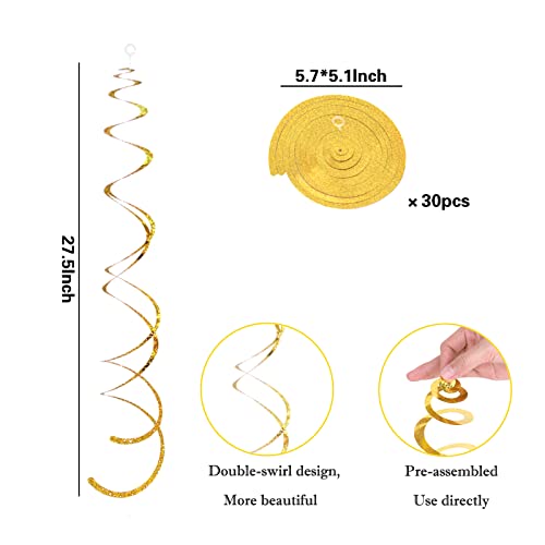 30 Pieces Gold Hanging Swirl Decorations Sparkle Golden Plastic Streamers Ceiling Decorations Wedding Bachelorette Baby Sh...