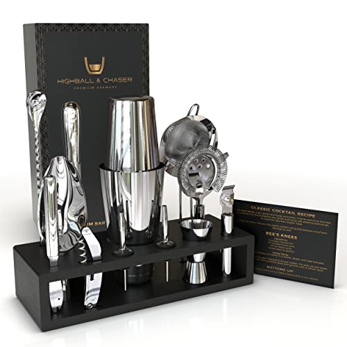 Highball & Chaser 13-Piece Boston Cocktail Shaker Set Stainless Steel Mixology Bartender Kit With Stand For Home Bar Cockt...