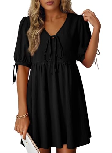 Dokotoo Summer Dresses for Women 2026 Casual V Neck Bow Tie Short Sleeve Empire Waist A-Line Mini Dress