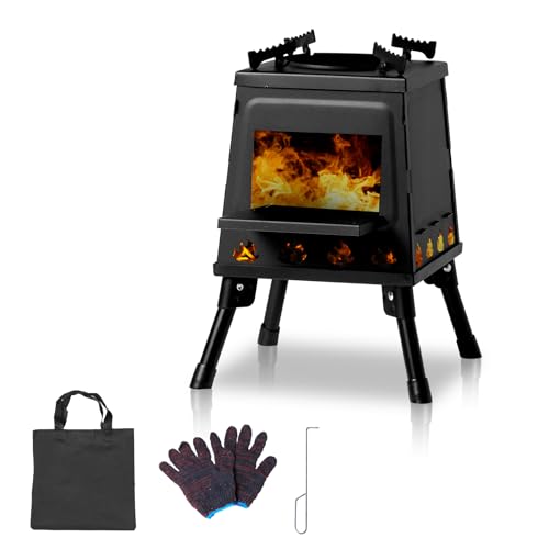 Wood Burning Stove, Portable Cast Iron Camping Wood Stove with Carrying Bag, Firewood Hook, Gloves Woodstove for Backpacki...