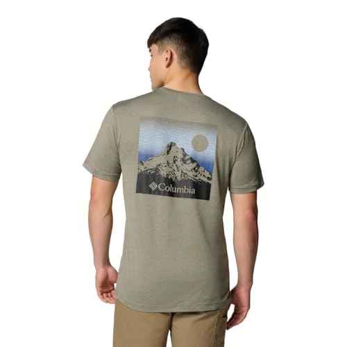Columbia Men's Kwick Hike Back Graphic Short Sleeve Tee, Stone Green Heather/Linear View Multi, Medium