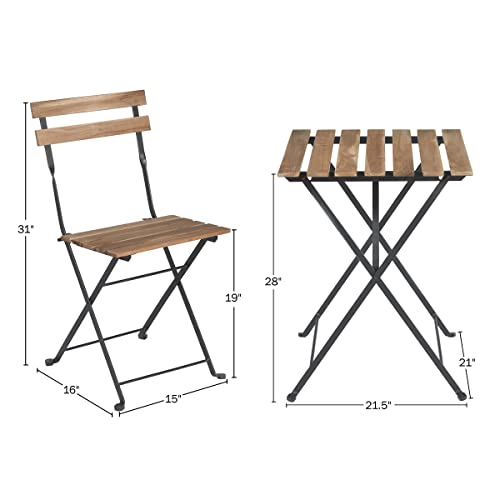 Folding Patio Bistro Set – 3-Piece Acacia Wood and Steel Café Table and Chairs for Porch, Deck, Garden, or Balcony Furnitu...