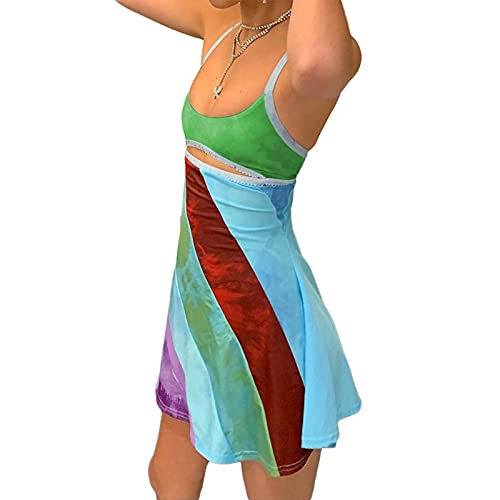 Y2K Dress for Women Summer Sleeveless Rainbow Bodycon Retro Going Out Dress 2000s 70s Halloween Costume