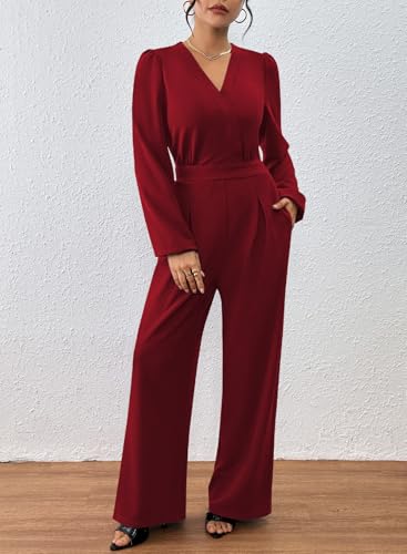 Pink Queen 2025 Jumpsuits for Women Dressy Long Sleeve V Neck Wide Leg Pants Romper Business Casual Outfits