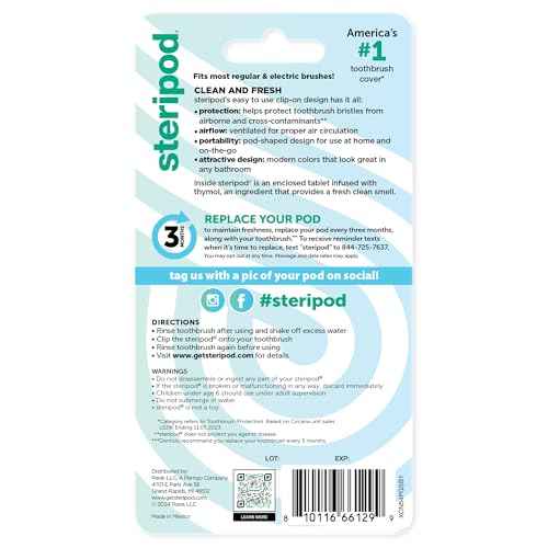 Steripod Clip-on Toothbrush Protector, Green/Silver, 2 Count