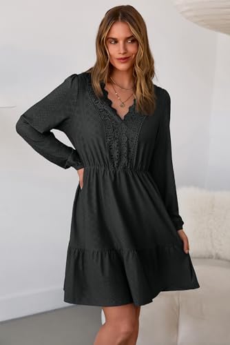 Dokotoo Spring Dresses for Women 2026 Elegant Lace Hollow Out Embroidered V Neck Long Sleeve Casual A-Line Swing Mini Dress