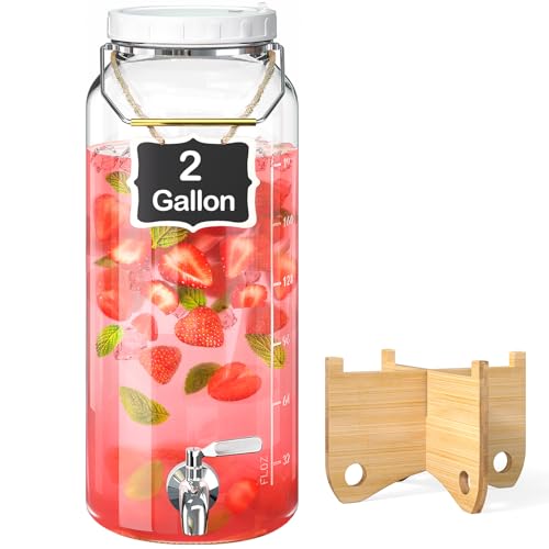 2 Gallon Drink Dispenser for Parties（7600ML）, 1 Pack Leak Proof Beverage Dispenser with Stand AND Handle, Glass Water Disp...