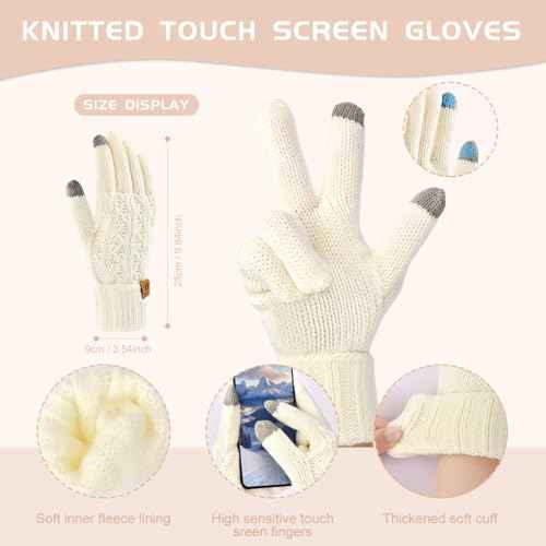 Womens Winter Warm Beanie Hat Long Scarf Touchscreen Gloves Set with Fleece Lined Skull Pom Caps 3 in 1 Set for Gift
