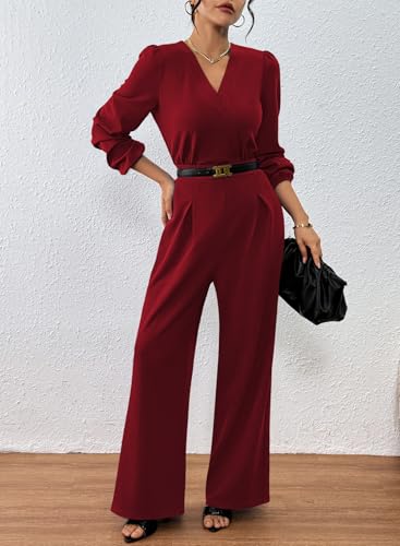 Pink Queen 2025 Jumpsuits for Women Dressy Long Sleeve V Neck Wide Leg Pants Romper Business Casual Outfits