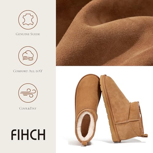 FIHCH Snow Boots for Men Genuine Suede Mens Winter Boots Outdoor Cozy Ankle Booties Faux Fur Lining Warm Fuzzy Footwear