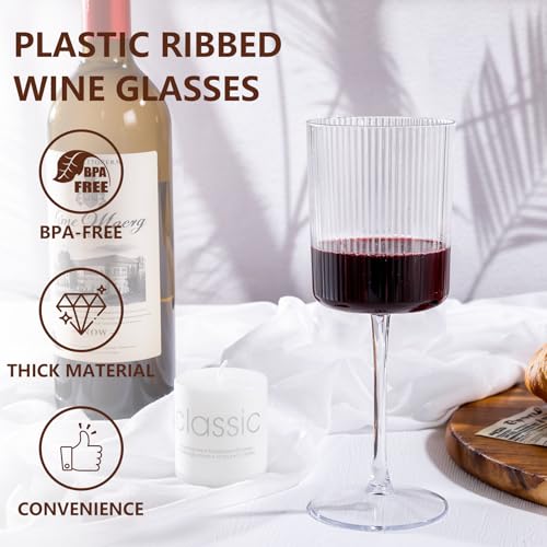 YOUBET 24 Pack Plastic Ribbed Wine Glasses - 10 OZ Clear Square Wine Glasses with Stem - Heavy Duty Vintage Disposable Cha...