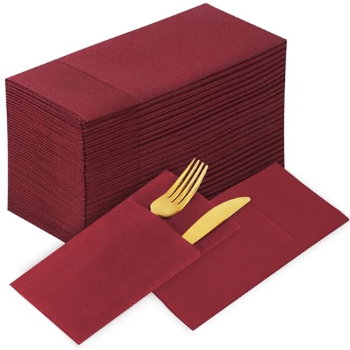 KAMMAK Burgundy Napkins Disposbale Wine Red Cloth like Paper Dinner Napkins with Pocket 100 Pack Guest Hand Towel for Part...