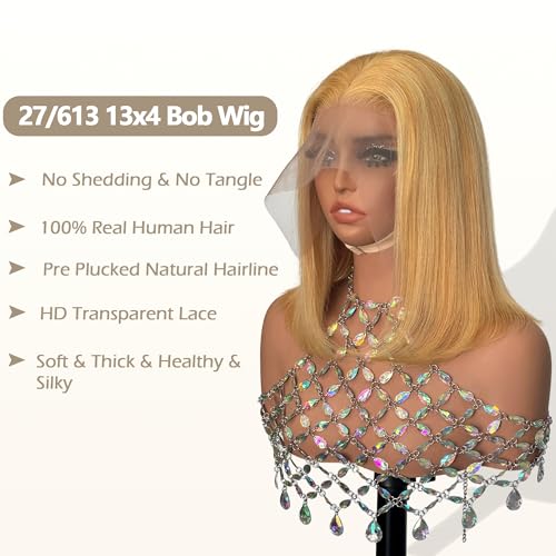 Highlight Blonde Bob Wigs Human Hair Strwberry Blonde mix with Bleach Blonde Short Bob Wig Human Hair for Women 13x4 HD Lace Front Wig Pre Pluckd Glueless Wigs 180% Density Bleached Knots