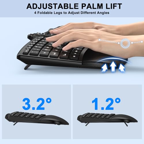 Ergonomic Wireless Keyboard Mouse, Wave Key Bluetooth/2.4G Split Design Ergo Keyboard Mouse Combo with Cushioned Palm Res...