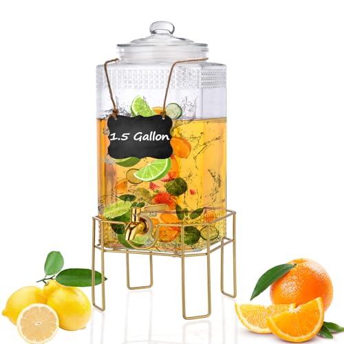 Drink Dispensers for Parties,1.5 Gallon Drink Dispenser,Beverage Dispenser with Stand,Glass Lid and Stainless Steel Spigot...