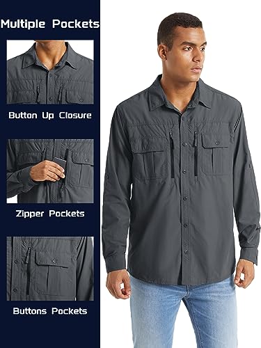 TACVASEN Fishing Shirt for Men, Long Sleeve Shirt Quick Dry Fit, Tactical Shirt Button Up, Work Shirt Lightweight Safari