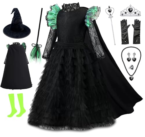 RuuYiicoco 11 Pcs Black Witch Costume Set for Girls Halloween Ruffled Dress with Cape Boom (4-5 years, Black)