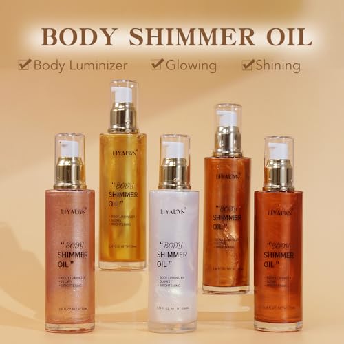 Liyalan Shimmer Body Oil 5 Color Gold 3.38 Fl Oz Face Glow Pearl Highlighter Illuminator Body Makeup Shine Glitter Gold Li...